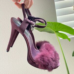 Michael Kors Faye Burgundy Fur Sandal Silver Charm Ankle Strap Heels